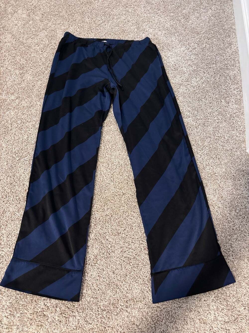 Victoria's Secret Blue and Black Striped Satin Pajama Lounge Pants L/G Long